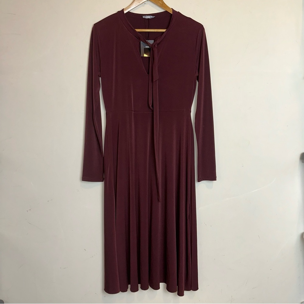 zara Women's Large Midi Dress Oxblood Burgundy Pussybow Tie Neck Line Y2K Sexy